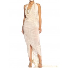MORPHEW ATELIER Ivory Rayon Blend Jersey Asymmetrically Draped Sexy Gown With Metal Mesh & Swarovski Crystals