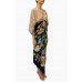 MORPHEW COLLECTION Navy Blue & Beige Silk Sea Life Print 2-Scarf Dress Made From Vintage Scarves
