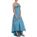 MORPHEW ATELIER Aquamarine Blue Rayon & Silk Damask Strapless Asymmetrical Gown