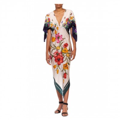 MORPHEW COLLECTION White Multicolored Silk Botanical Print With Borders Scarf Dress