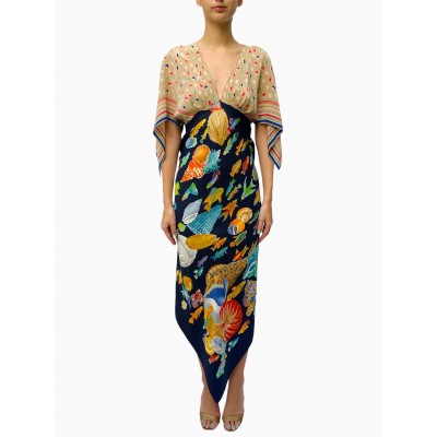 MORPHEW COLLECTION Navy Blue & Beige Silk Sea Life Print 2-Scarf Dress Made From Vintage Scarves