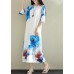 DIY white prints silk dresses stand collar long summer Dress