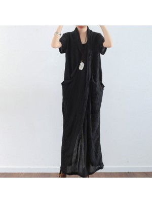 Black texture linen dresses summer plus size linen sundress caftans oversized gown