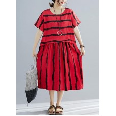 French o neck pockets Cotton dresses Boho Shape red striped shift Dresses Summer