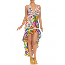MORPHEW ATELIER Rainbow Nylon Hand Crocheted Cocktail Dress Made From 1960'S Psychedelic Fabric