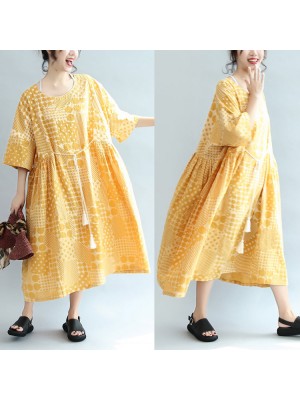 2021 yellow casual cotton dresses print  plus size sundress bracelet sleeved maxi dress