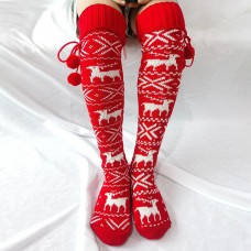 Women Cotton Christmas Festive Elk Pattern Warm Leggings Over Knee Stockings With Fluff